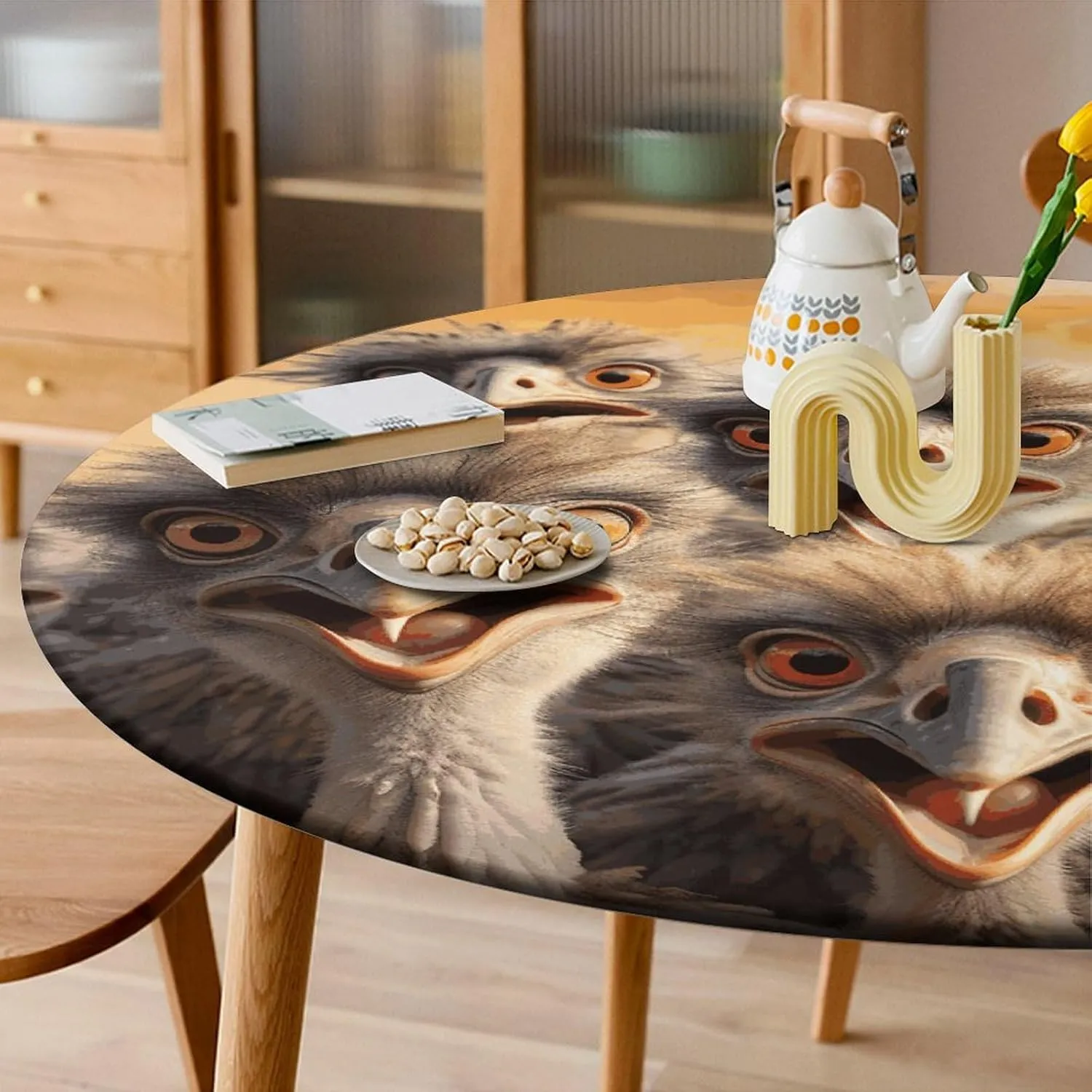 Round Fitted Tablecloth with Elastic Edge Stretch A Flock of Ostriches Waterproof Picnic Table Cover for Round Table Dining