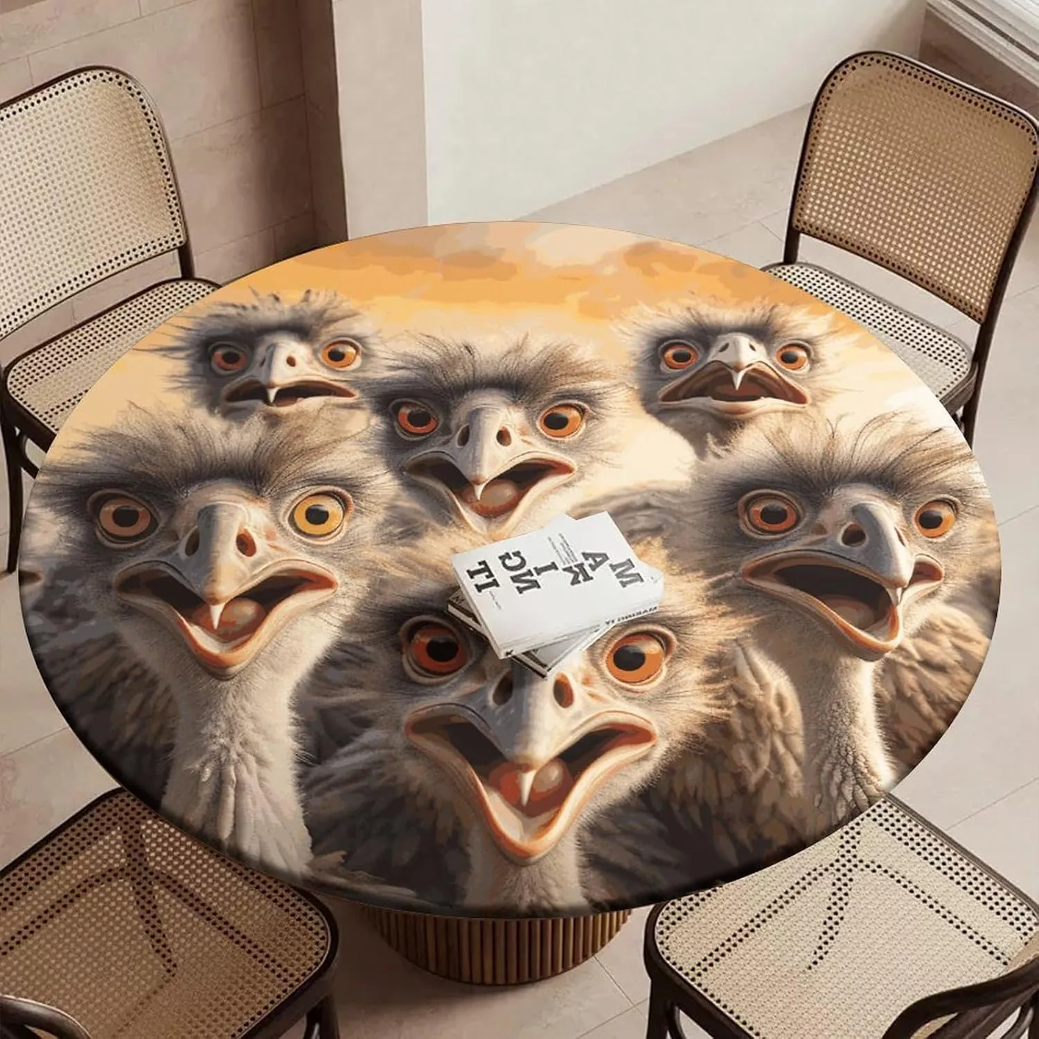 Round Fitted Tablecloth with Elastic Edge Stretch A Flock of Ostriches Waterproof Picnic Table Cover for Round Table Dining