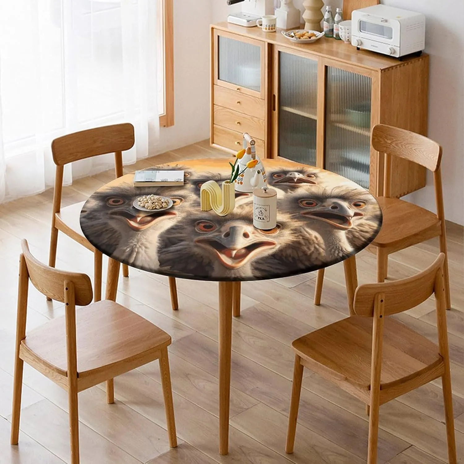 Round Fitted Tablecloth with Elastic Edge Stretch A Flock of Ostriches Waterproof Picnic Table Cover for Round Table Dining