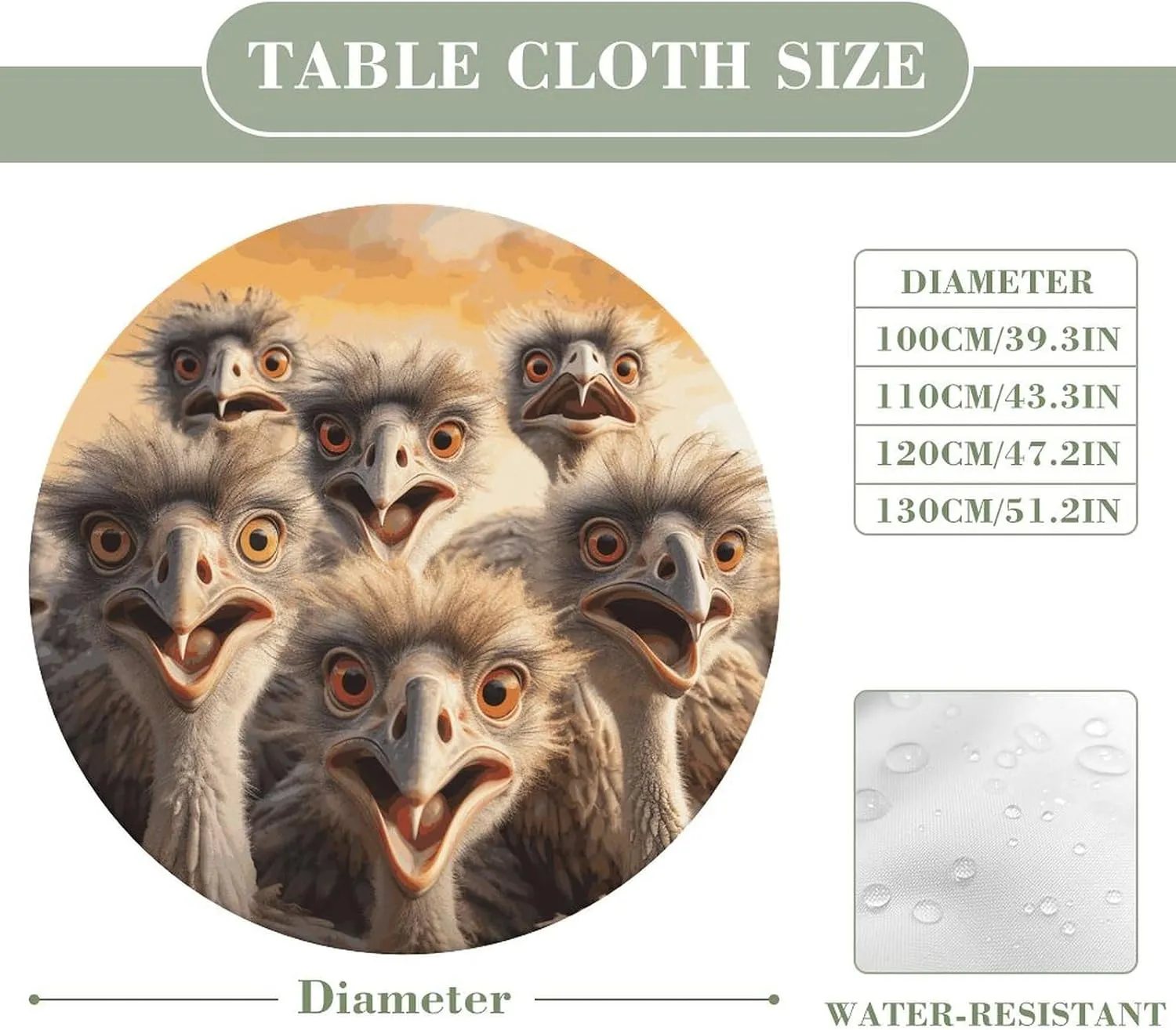 Round Fitted Tablecloth with Elastic Edge Stretch A Flock of Ostriches Waterproof Picnic Table Cover for Round Table Dining