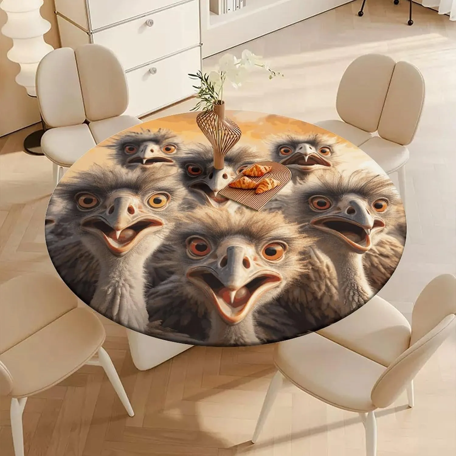 Round Fitted Tablecloth with Elastic Edge Stretch A Flock of Ostriches Waterproof Picnic Table Cover for Round Table Dining