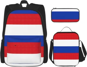Russian Flag Print Unisex Stylish Travel Backpack Set With Insulated Lunch Bag,Adjustable Straps