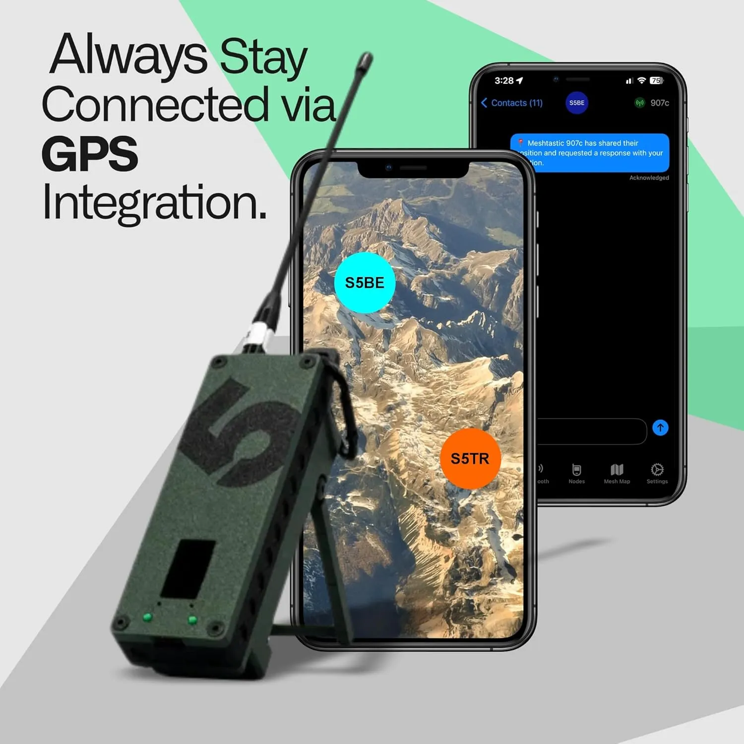 S5 Trekker Bravo LoRa Radio SX1262 with Meshtastic and GPS Enabled, Fully Flashed - Off-Grid Communication Device from spec5-Tactical Green