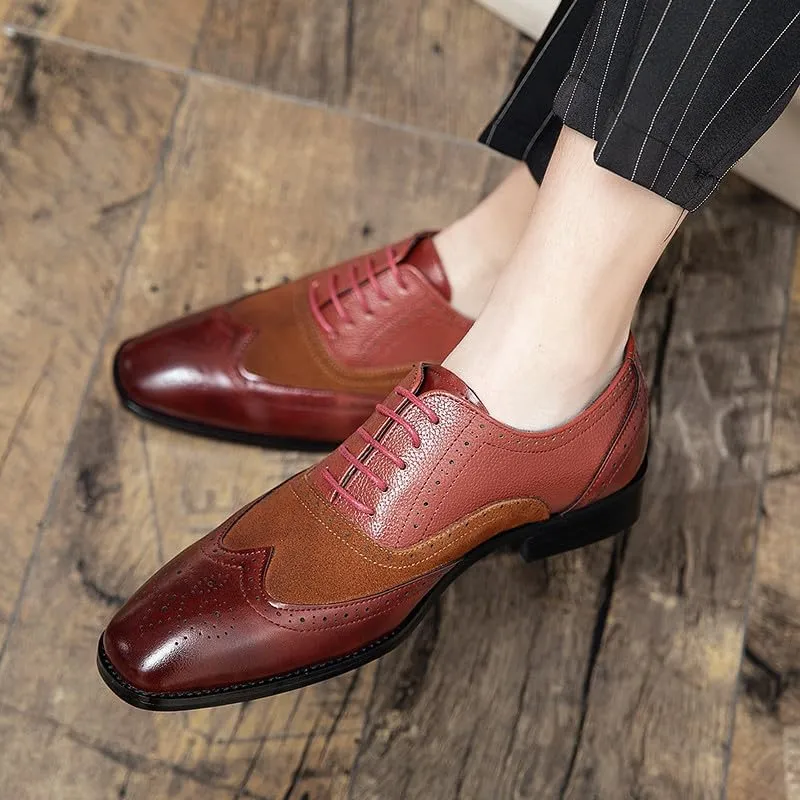 Santimon Men's Classic Modern Formal Oxford Wingtip Lace Up Dress Shoes, Two-Tone Perforated Brogues Uniform Casual Oxford Dress Shoes