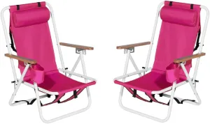 Set of 2 Folding Beach Chairs for Adults, 4 Position Portable Backpack Foldable Camping Chairs, Heavy Duty Beach Chair, Foldable Camping Lawn Chairs for Beach Trips, Pink