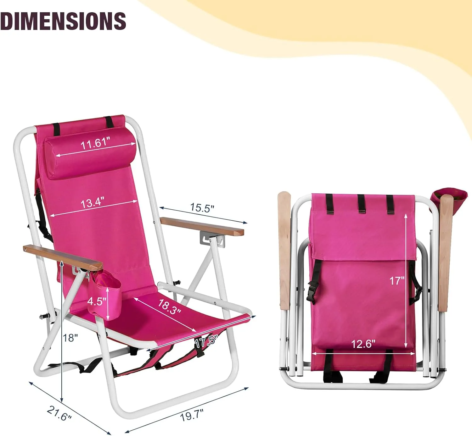 Set of 2 Folding Beach Chairs for Adults, 4 Position Portable Backpack Foldable Camping Chairs, Heavy Duty Beach Chair, Foldable Camping Lawn Chairs for Beach Trips, Pink