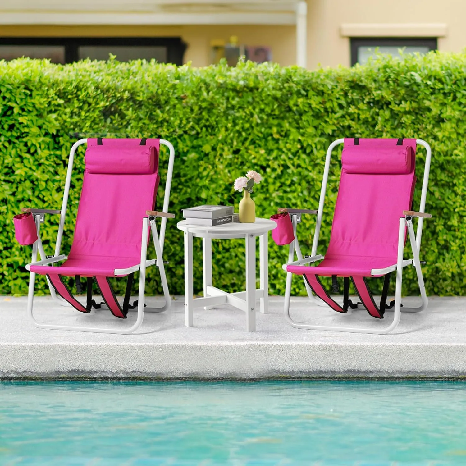 Set of 2 Folding Beach Chairs for Adults, 4 Position Portable Backpack Foldable Camping Chairs, Heavy Duty Beach Chair, Foldable Camping Lawn Chairs for Beach Trips, Pink
