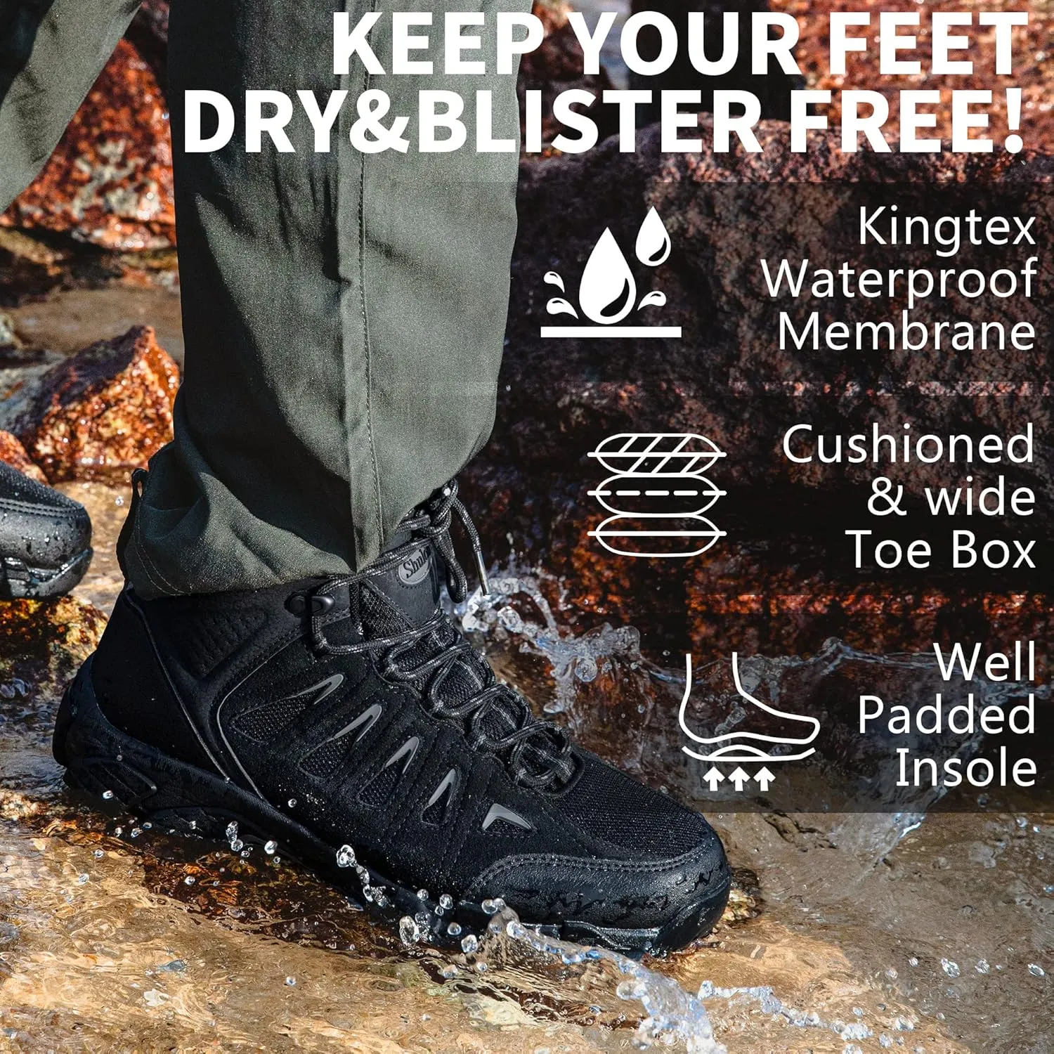 SHULOOK Men's Waterproof Hiking Boots Non-Slip Lightweight Outdoor Mid Top Ankle Boot Breathable Hiker Work Trekking Shoes