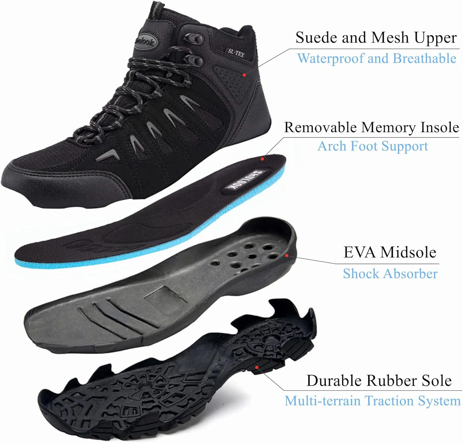 SHULOOK Men's Waterproof Hiking Boots Non-Slip Lightweight Outdoor Mid Top Ankle Boot Breathable Hiker Work Trekking Shoes