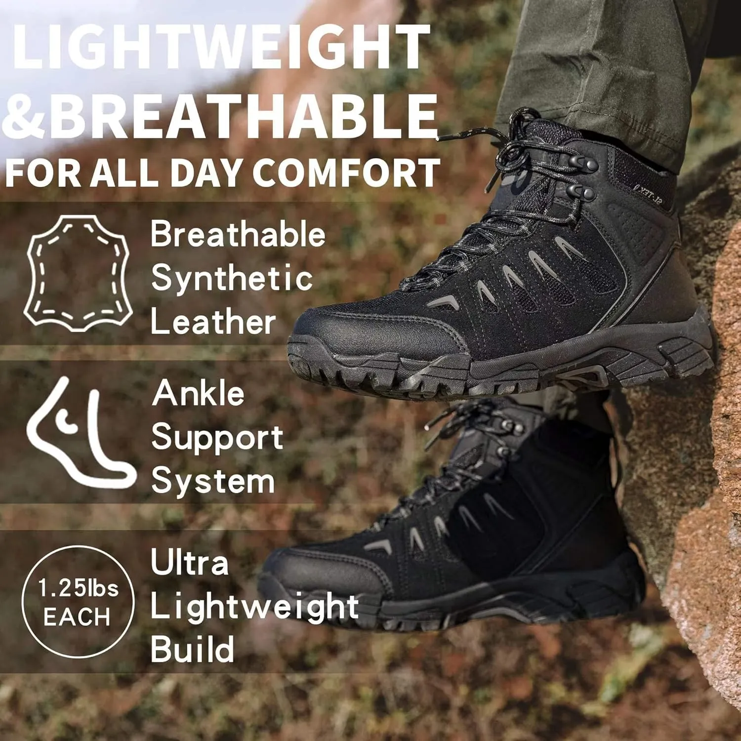 SHULOOK Men's Waterproof Hiking Boots Non-Slip Lightweight Outdoor Mid Top Ankle Boot Breathable Hiker Work Trekking Shoes