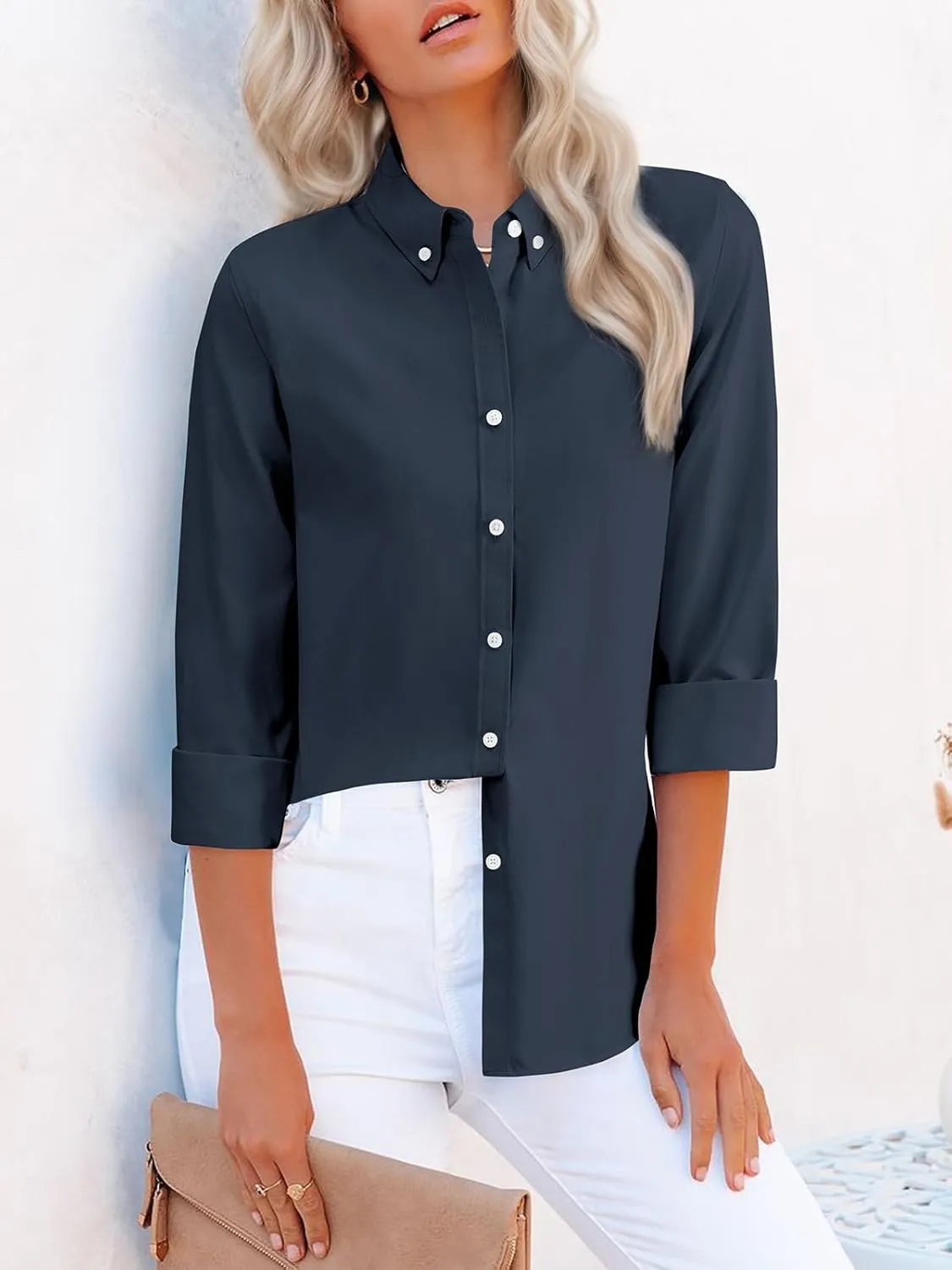 siliteelon Fitted Button Down Shirts for Women Oxford Shirt Cotton Dress Shirts Collared Long Sleeve Wrinkle Free Blouse Tops