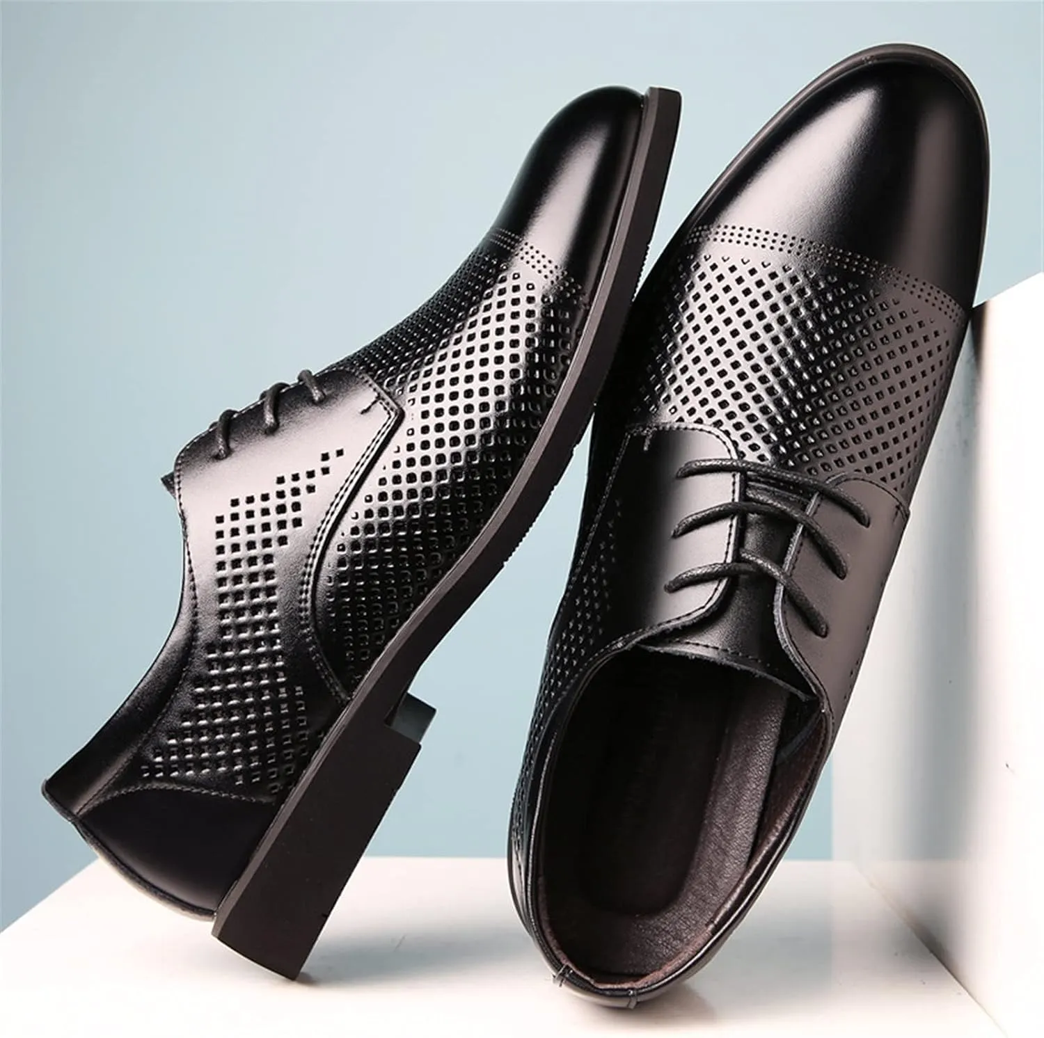 Single Season Formal Oxford Shoes for Men Lace Up Breathable Height Increasing Elevator 2.4 Inches Cowhide Anti-Slip Block Heel Low Top Business Very Popular Among Young People
