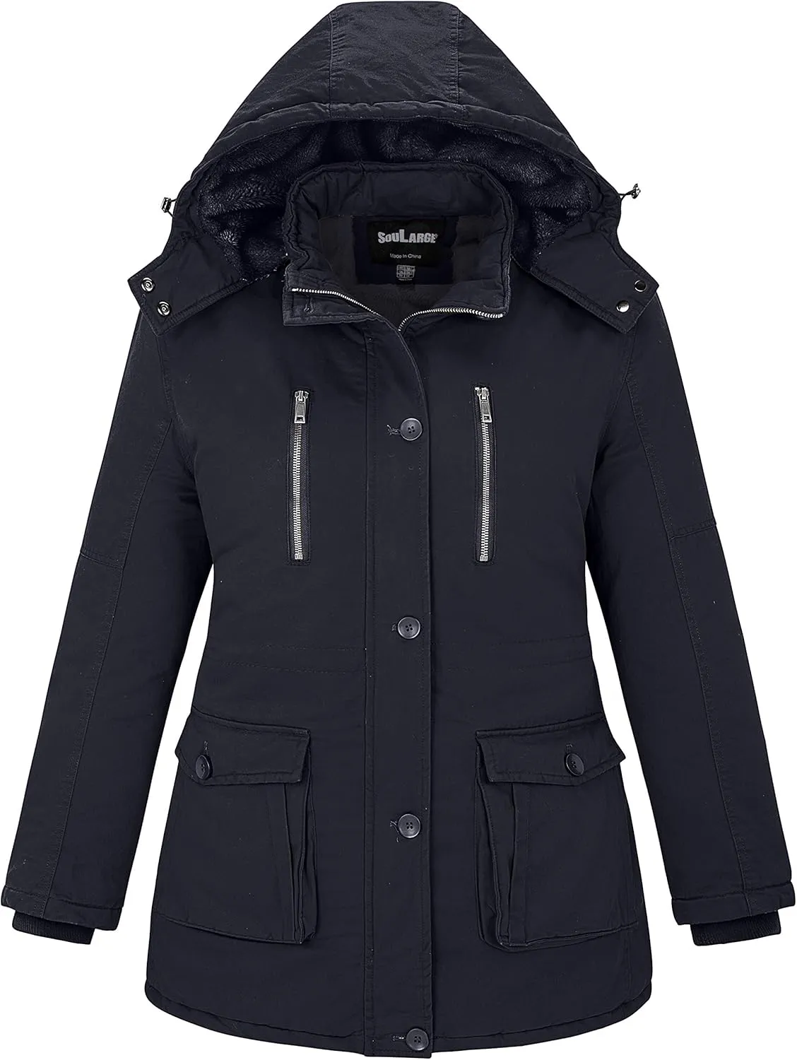 Soularge Women's Winter Plus Size Thickened Cotton Coat with Detachable Hood