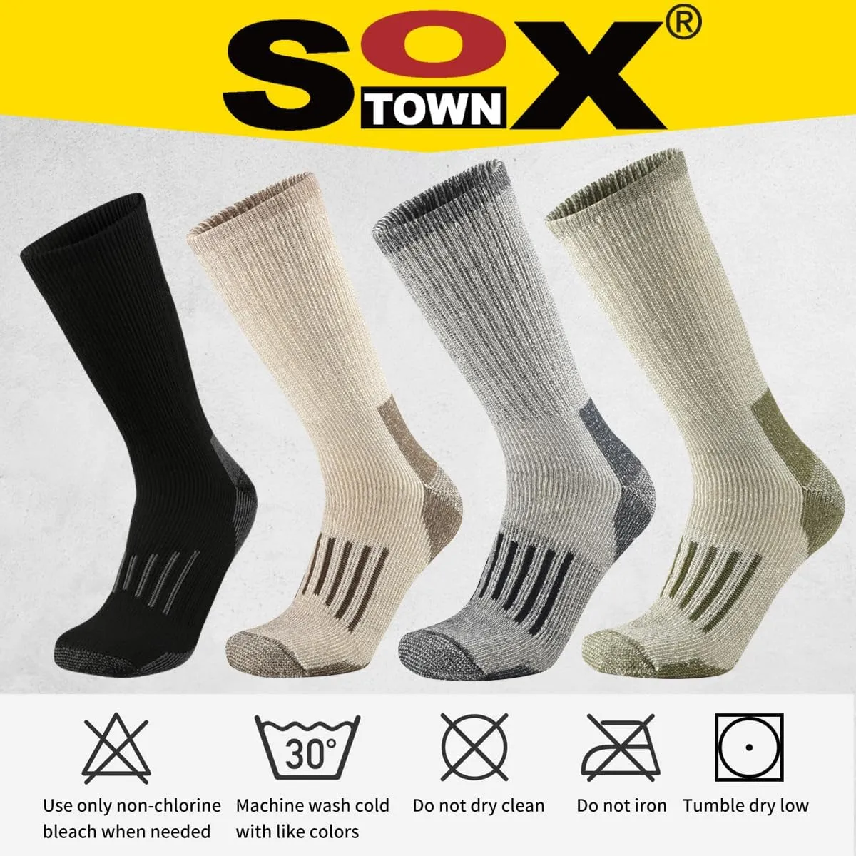 SOX TOWN Men's Merino Wool Cushion Crew Socks Moisture Wicking Control for Outdoor Hiking Work Boot Thermal Warm All Seasons