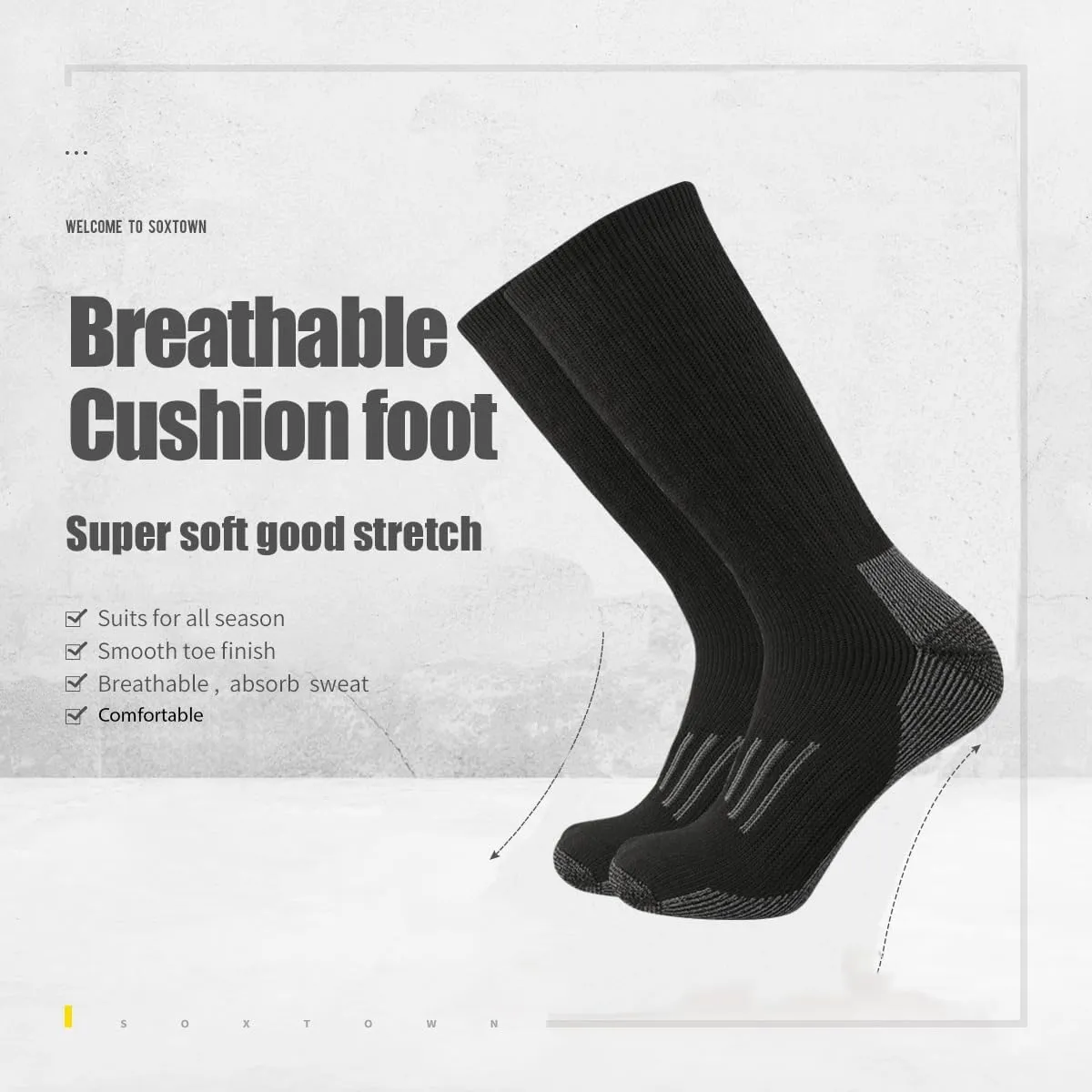 SOX TOWN Men's Merino Wool Cushion Crew Socks Moisture Wicking Control for Outdoor Hiking Work Boot Thermal Warm All Seasons