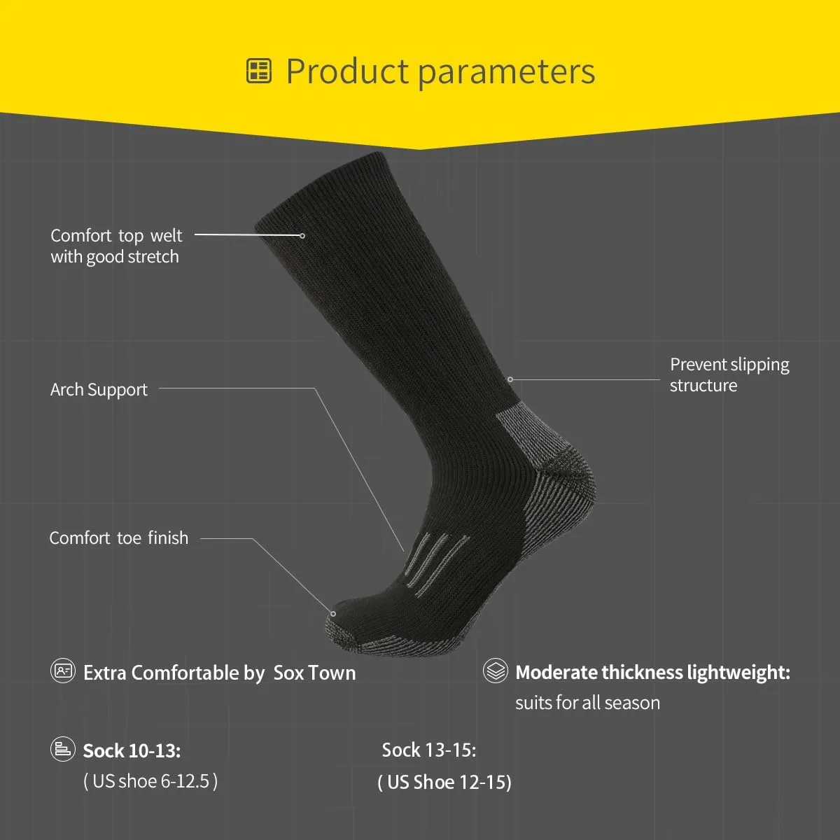 SOX TOWN Men's Merino Wool Cushion Crew Socks Moisture Wicking Control for Outdoor Hiking Work Boot Thermal Warm All Seasons