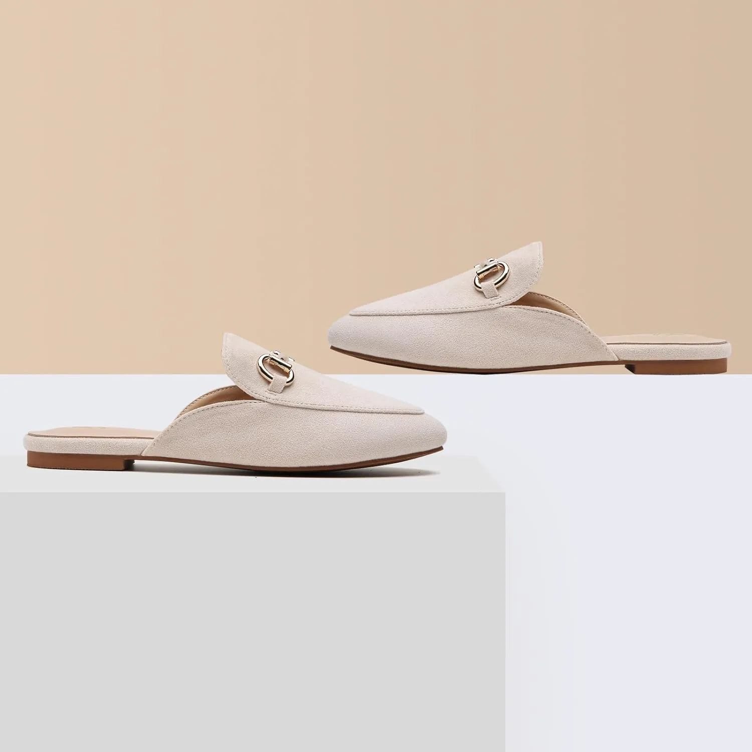 Tilocow Metal Buckle Mules for Women Round Toe Backless Flats Mules Slides Mules Shoes Ladies Slip-on Loafers for Women