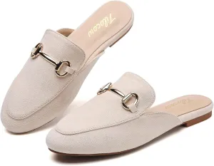 Tilocow Metal Buckle Mules for Women Round Toe Backless Flats Mules Slides Mules Shoes Ladies Slip-on Loafers for Women