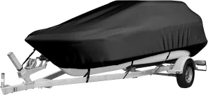 Trailerable Boat Cover,Heavy-Duty Boat Cover 600D Oxford Fabric Waterproof Anti-Uv Center Console Boat Covers All-Weather Protection Universal Boat Cover Fits V-Hull,Black,17~19FT