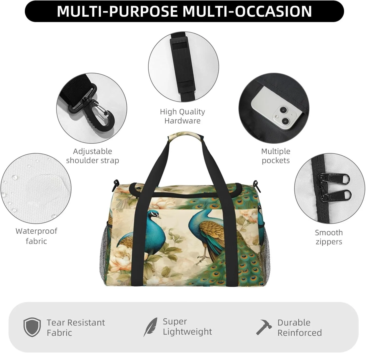Travel Duffel Bag For Men Women, Vintage Elegant Peacock Bird Carry On Sport Gym Bag With Shoulder Strap Lightweight Waterproof Weekender Bag Overnight Bag