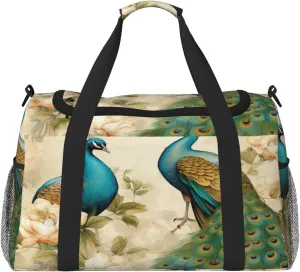 Travel Duffel Bag For Men Women, Vintage Elegant Peacock Bird Carry On Sport Gym Bag With Shoulder Strap Lightweight Waterproof Weekender Bag Overnight Bag