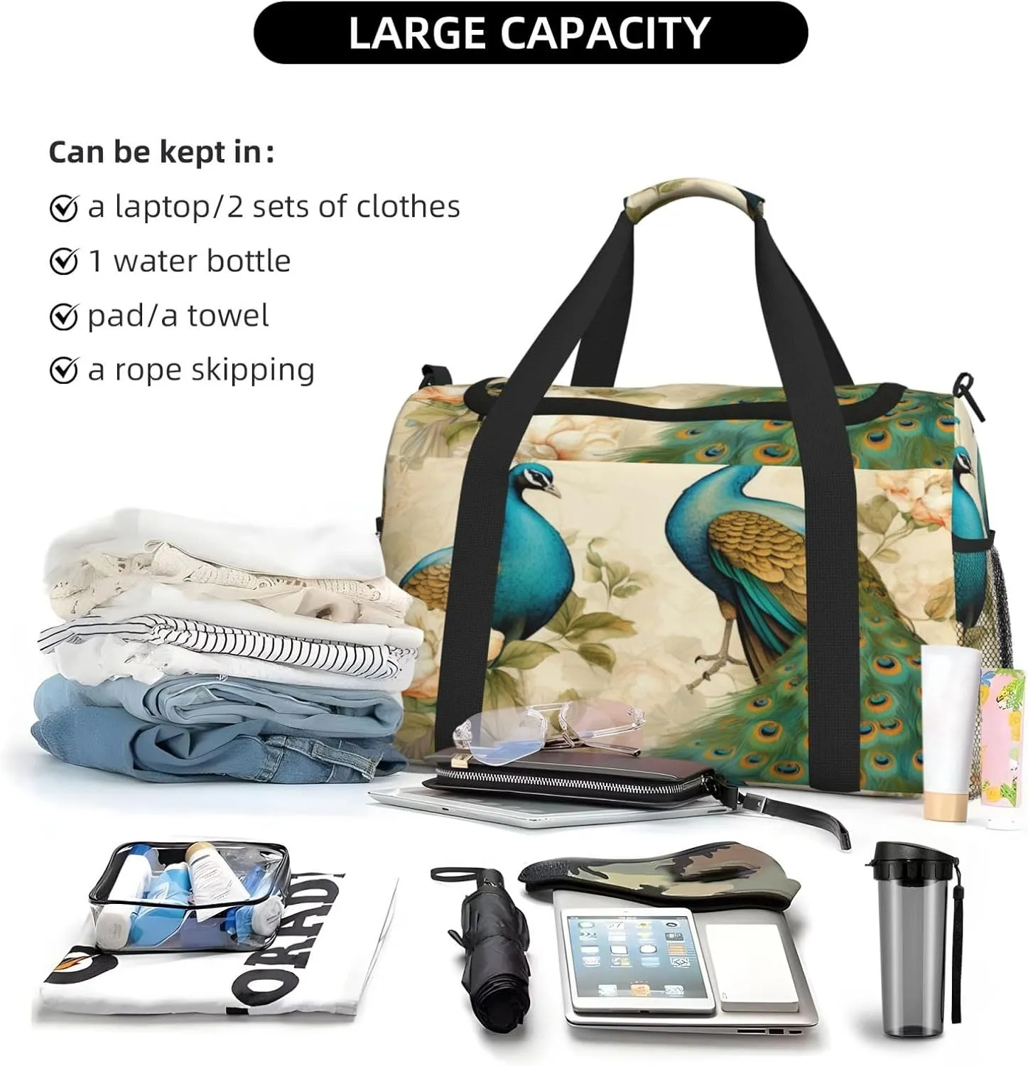 Travel Duffel Bag For Men Women, Vintage Elegant Peacock Bird Carry On Sport Gym Bag With Shoulder Strap Lightweight Waterproof Weekender Bag Overnight Bag