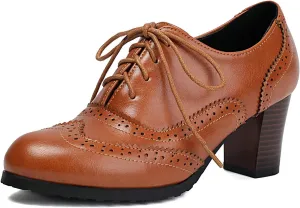 Uniquelly Women's Lace up Oxfords Vintage Brogues Shoes Round Toe Stacked Heel Wingtip Oxford Shoes Chunky Block Heels Retro Saddle Shoes Pumps