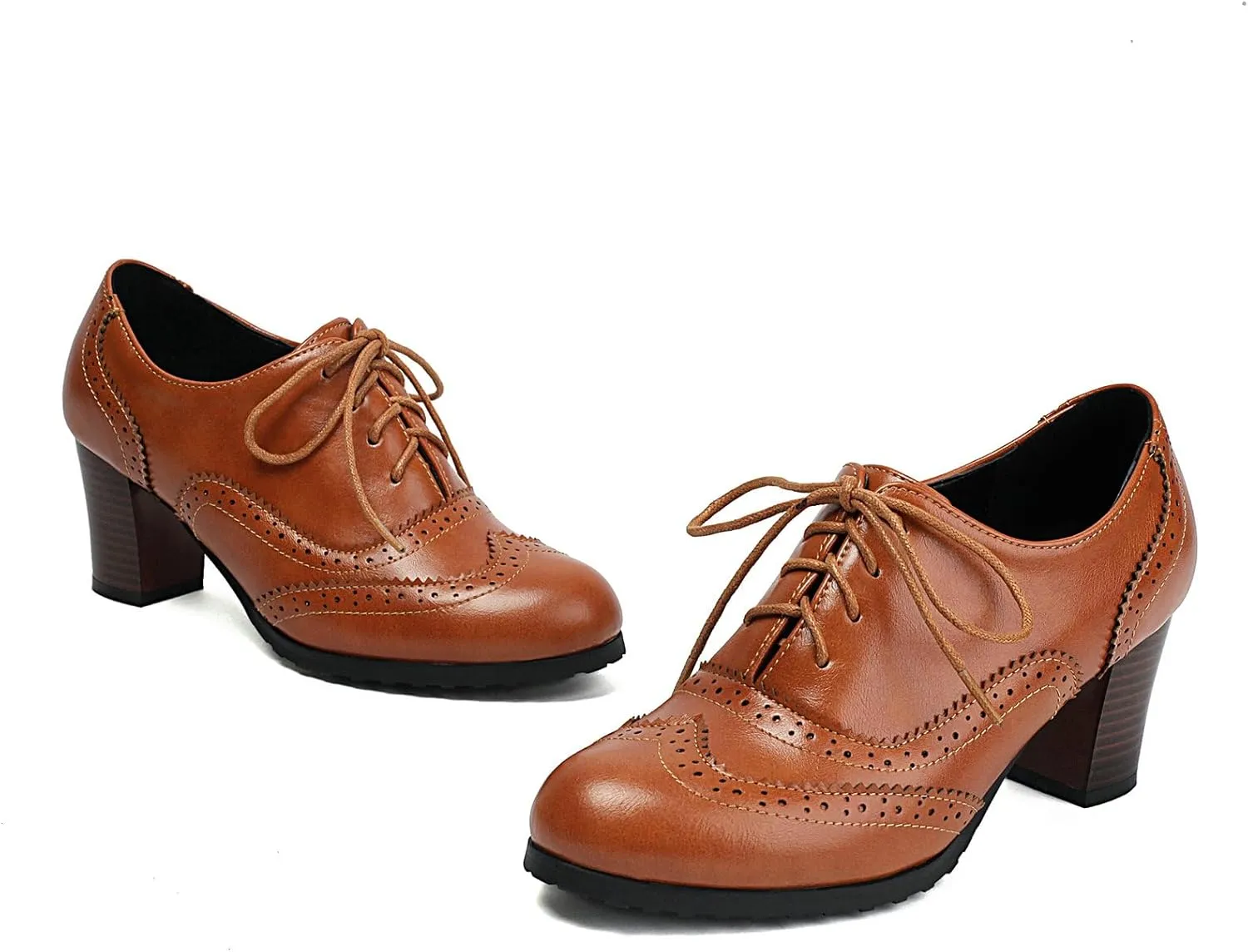 Uniquelly Women's Lace up Oxfords Vintage Brogues Shoes Round Toe Stacked Heel Wingtip Oxford Shoes Chunky Block Heels Retro Saddle Shoes Pumps