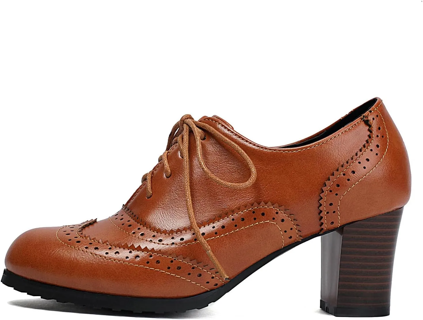 Uniquelly Women's Lace up Oxfords Vintage Brogues Shoes Round Toe Stacked Heel Wingtip Oxford Shoes Chunky Block Heels Retro Saddle Shoes Pumps