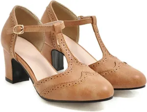 VOKLIN Women's Classic T-Strap Mary Jane Pump Oxford Round Toe Chunky Block Heel Vintage Brogues Dress Shoes