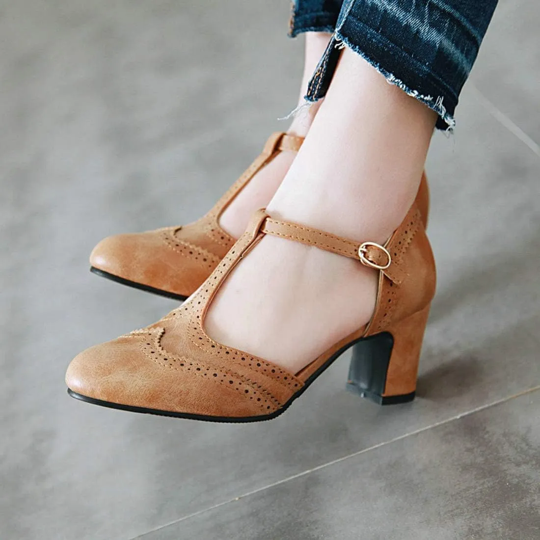 VOKLIN Women's Classic T-Strap Mary Jane Pump Oxford Round Toe Chunky Block Heel Vintage Brogues Dress Shoes