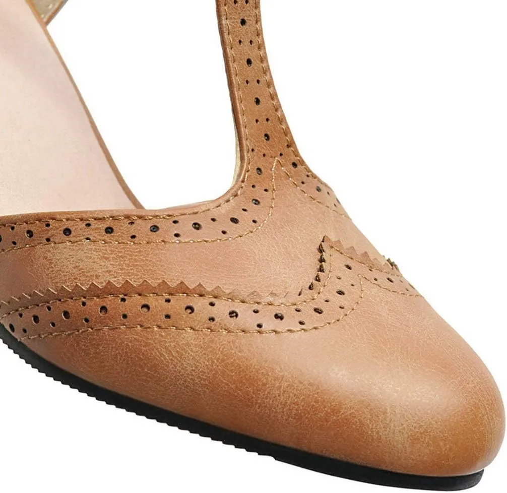 VOKLIN Women's Classic T-Strap Mary Jane Pump Oxford Round Toe Chunky Block Heel Vintage Brogues Dress Shoes