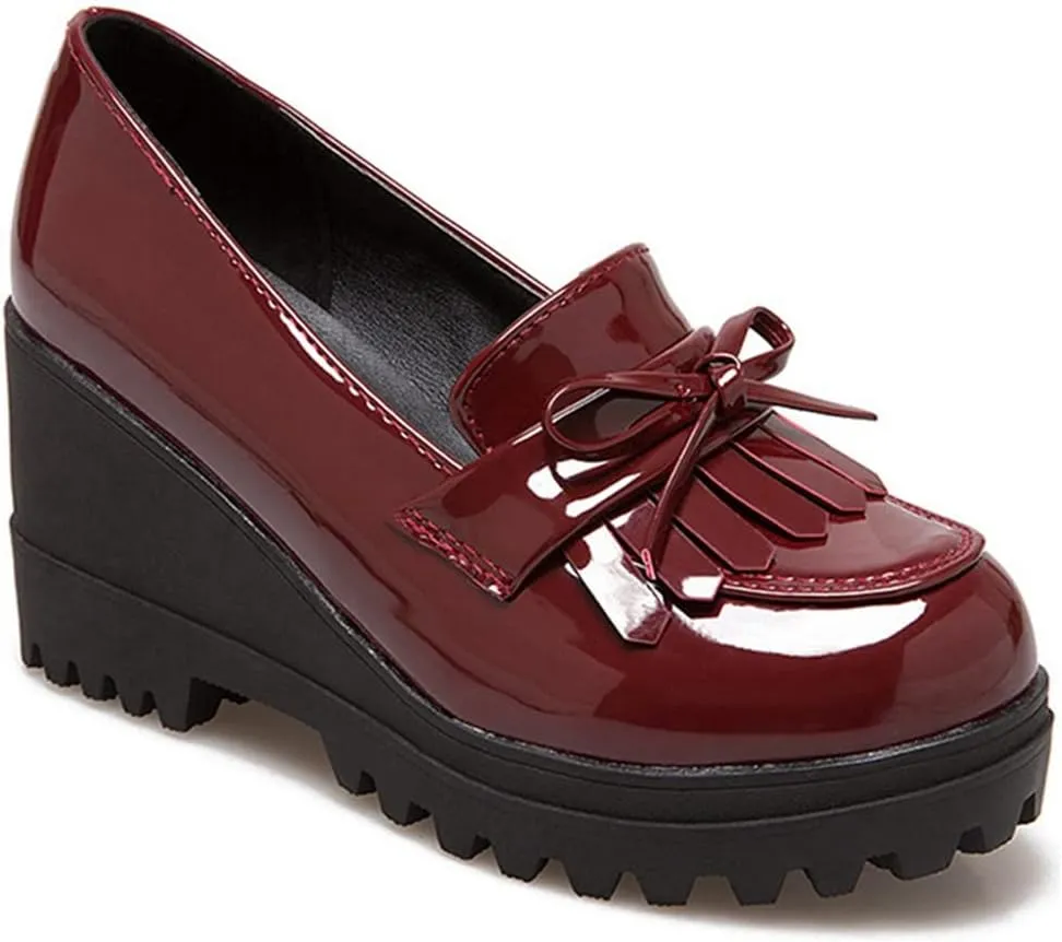 VOKLIN Women's Platform Tassels Oxford Shoes Slip On Comfortable Chunky High Heel Fringed Dress Wedge Shoe