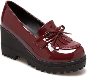 VOKLIN Women's Platform Tassels Oxford Shoes Slip On Comfortable Chunky High Heel Fringed Dress Wedge Shoe