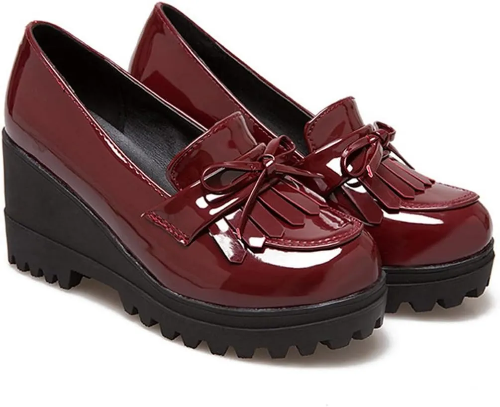 VOKLIN Women's Platform Tassels Oxford Shoes Slip On Comfortable Chunky High Heel Fringed Dress Wedge Shoe