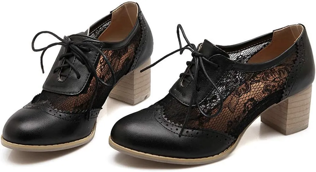 VOKLIN Women's Vintage Lace Up Pump Oxfords Brogues Wingtip Perforated Chunky Block Mid Heels Dressy Shoes