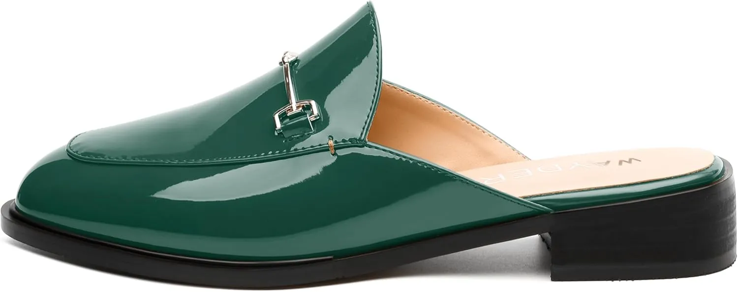 WAYDERNS Mules for Women Slides Loafer Shoes with Low Block Heel Round Closed Toe Comfortable Casual Patent Slip on Backless Loafers Work Business Office Shopping Buckle Mules