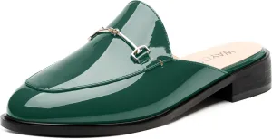WAYDERNS Mules for Women Slides Loafer Shoes with Low Block Heel Round Closed Toe Comfortable Casual Patent Slip on Backless Loafers Work Business Office Shopping Buckle Mules