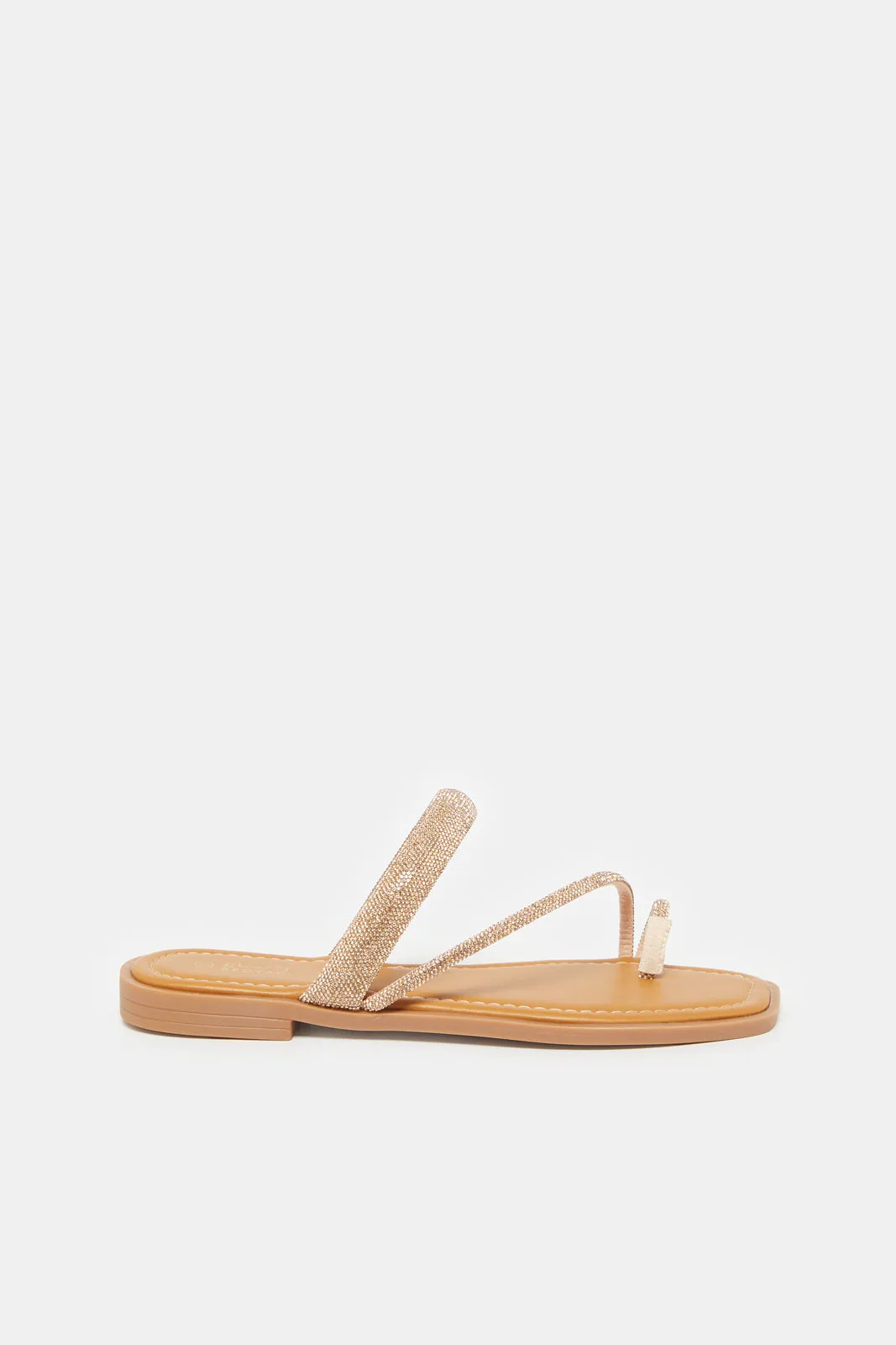 Women Beige And Gold Embellished Toe Ring Mule