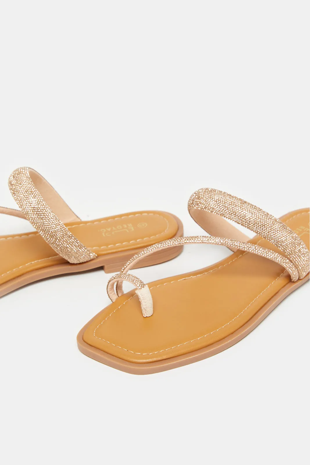 Women Beige And Gold Embellished Toe Ring Mule