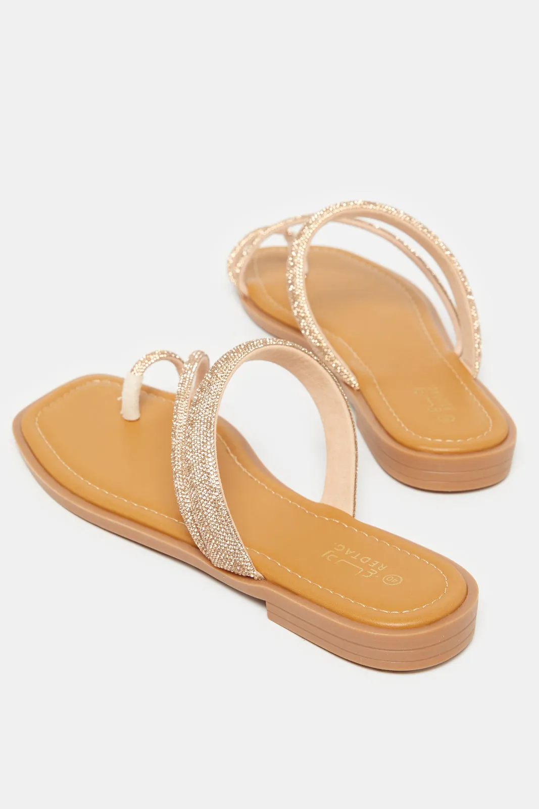 Women Beige And Gold Embellished Toe Ring Mule