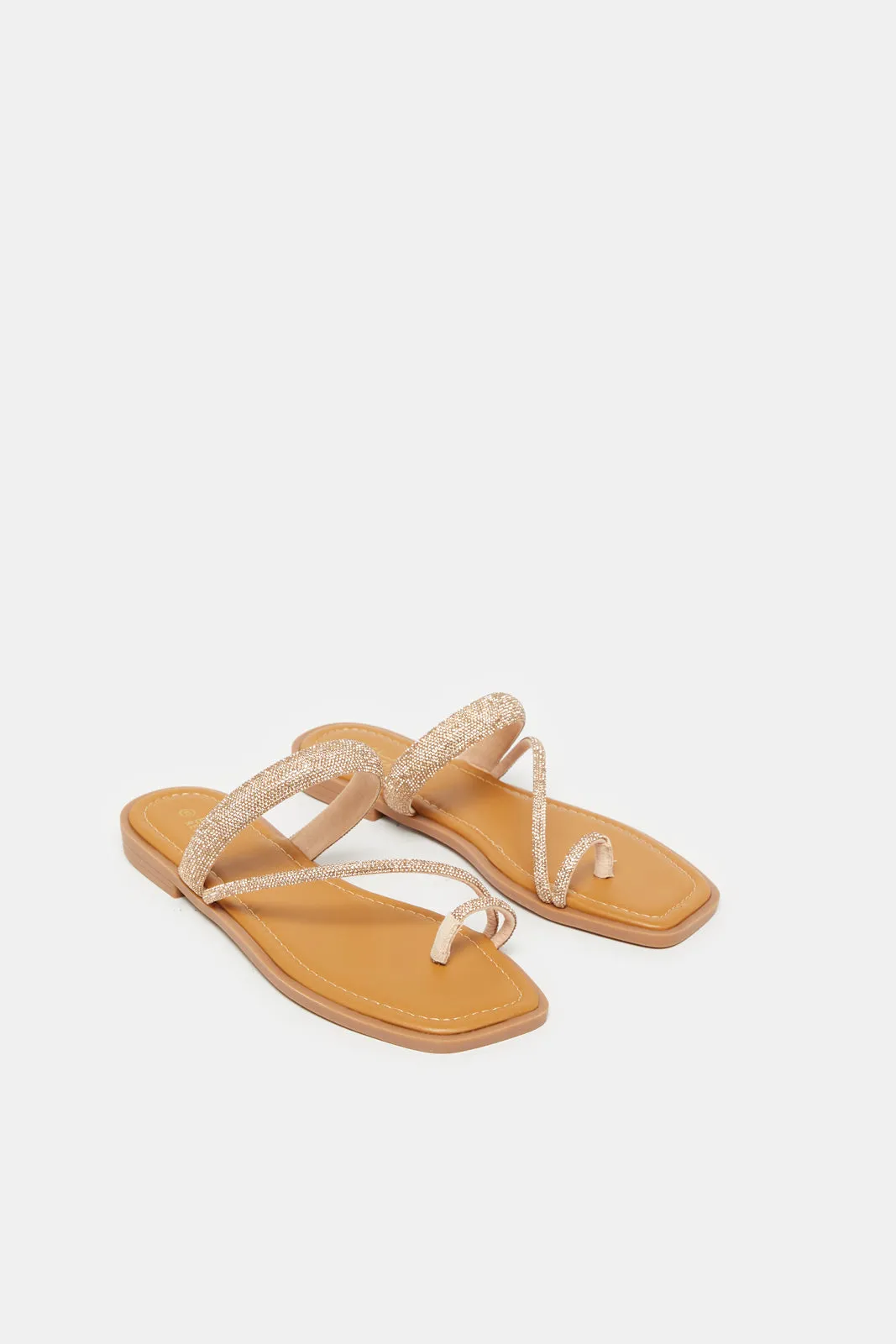 Women Beige And Gold Embellished Toe Ring Mule