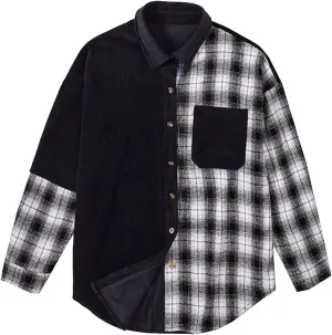 Women Contrast Color Roll Up Corduroy Tunic Blouse Corduroy Winter Plaid Loose Pocket Shirt Button Boyfriend Jacket