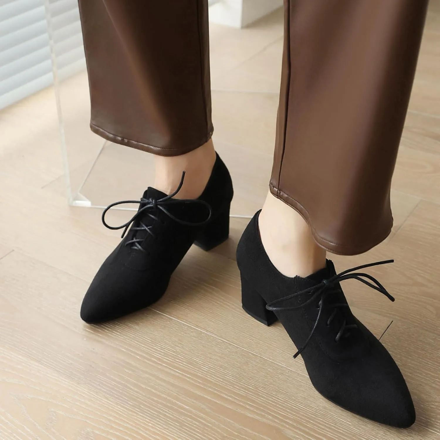 Women Vintage Chunky Heels Oxfords Pointed Toe Brogues Office Shoes