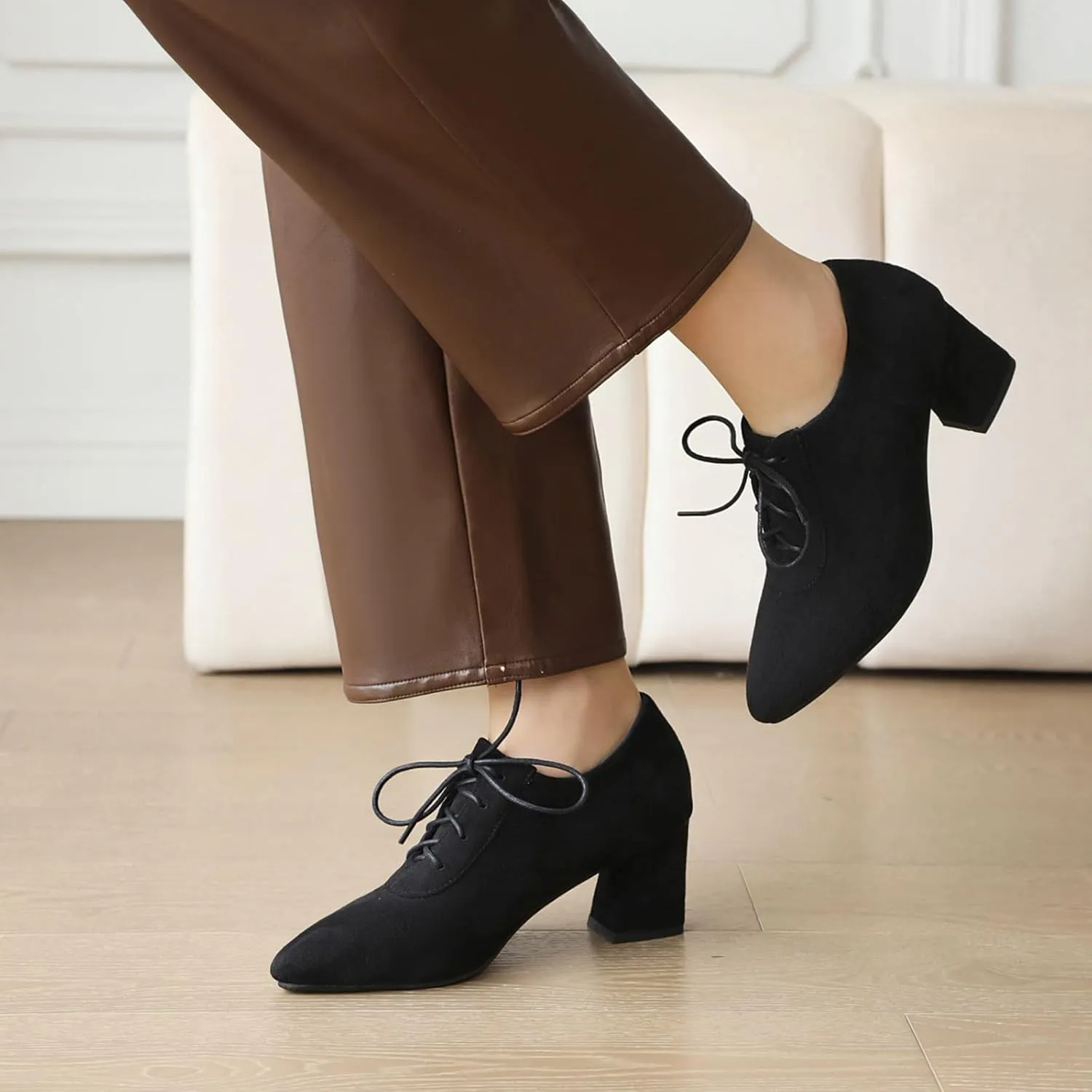 Women Vintage Chunky Heels Oxfords Pointed Toe Brogues Office Shoes