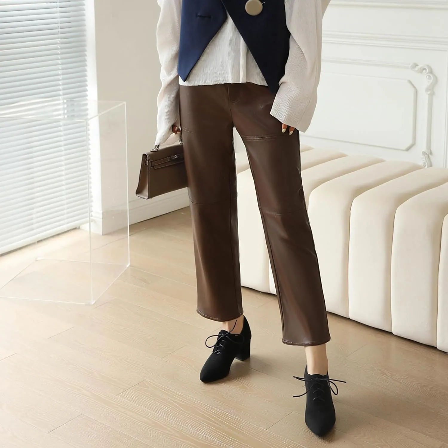 Women Vintage Chunky Heels Oxfords Pointed Toe Brogues Office Shoes
