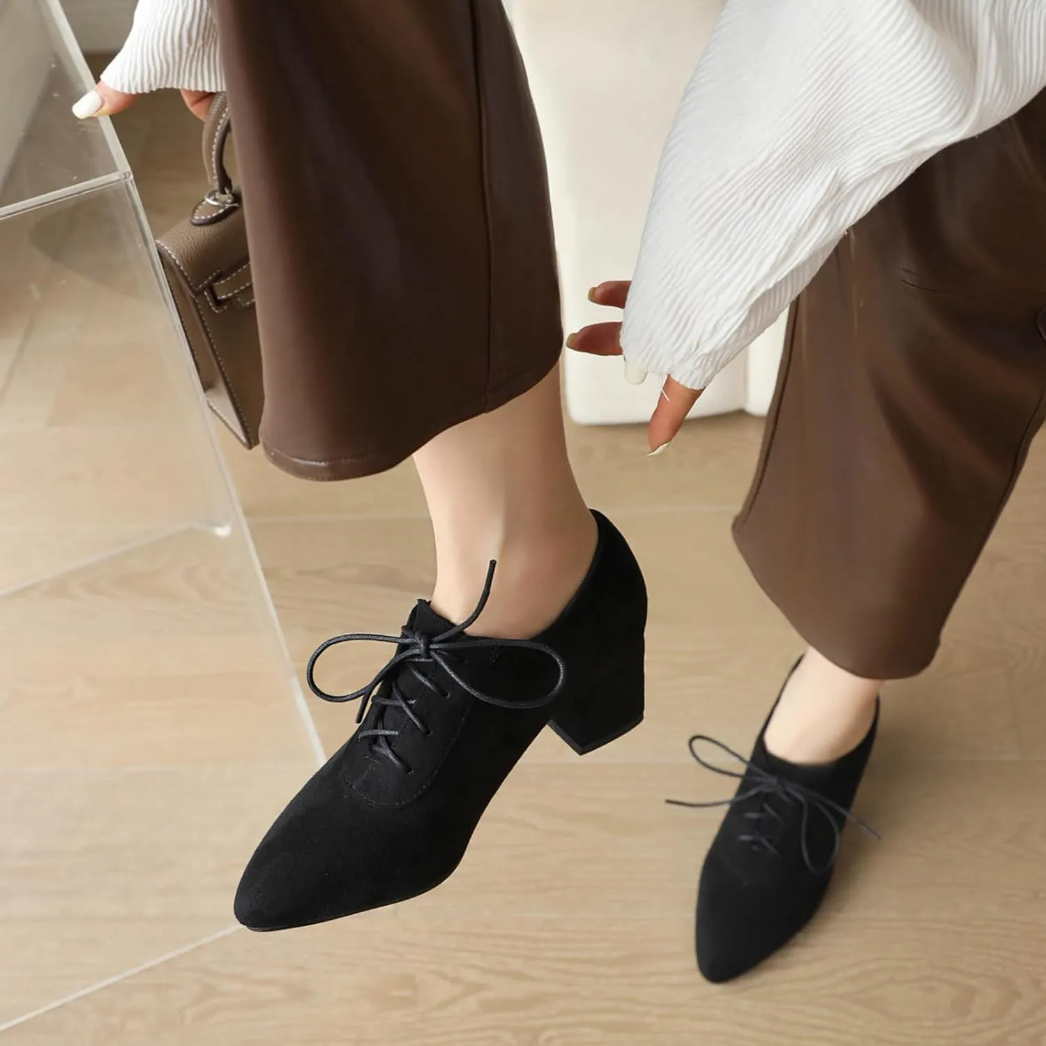Women Vintage Chunky Heels Oxfords Pointed Toe Brogues Office Shoes