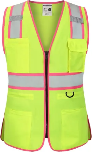 Women's ANSI Class 2 High-Vis Safety Vest with Reflective Strips, Zipper Pockets & Adjustable Waist - Yellow/Pink Construction Work Vest for Warehouse Personnel, Road Crews XL