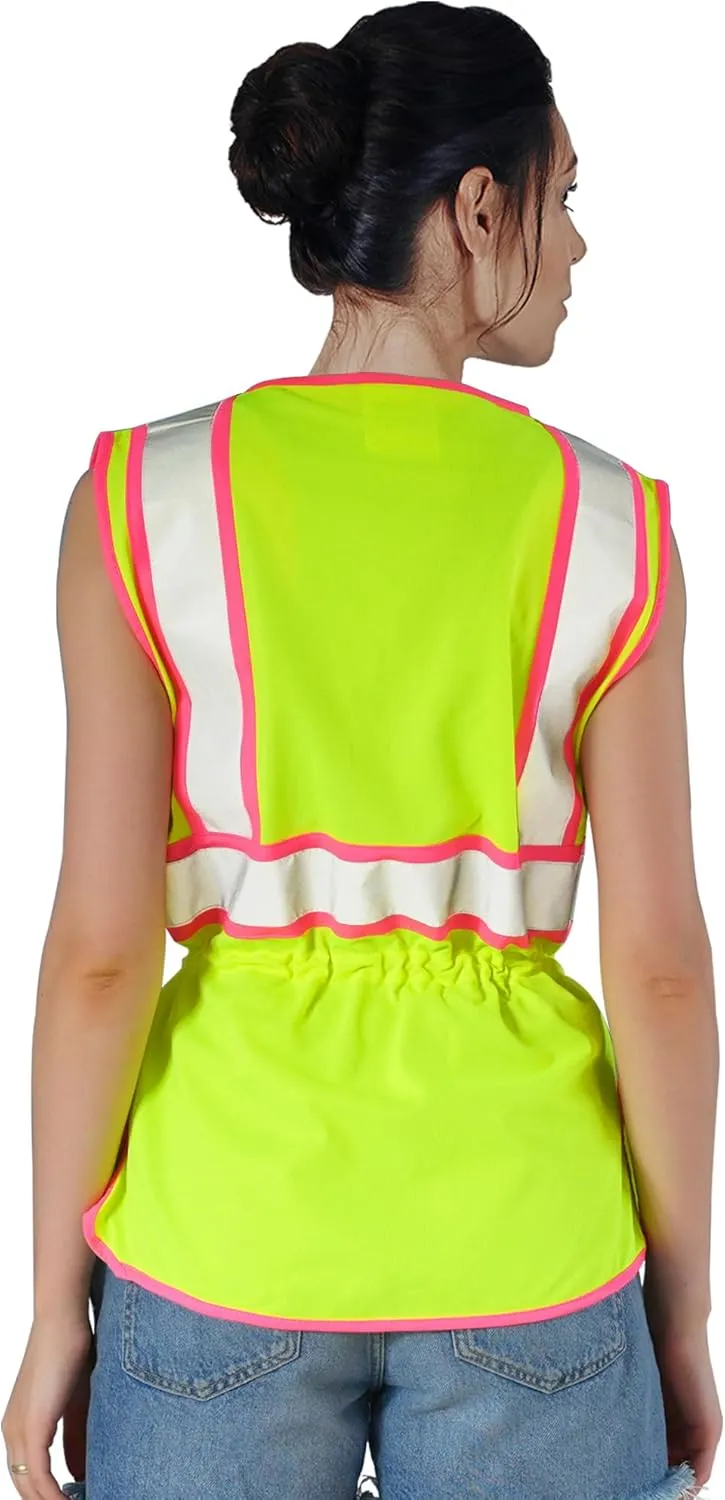 Women's ANSI Class 2 High-Vis Safety Vest with Reflective Strips, Zipper Pockets & Adjustable Waist - Yellow/Pink Construction Work Vest for Warehouse Personnel, Road Crews XL