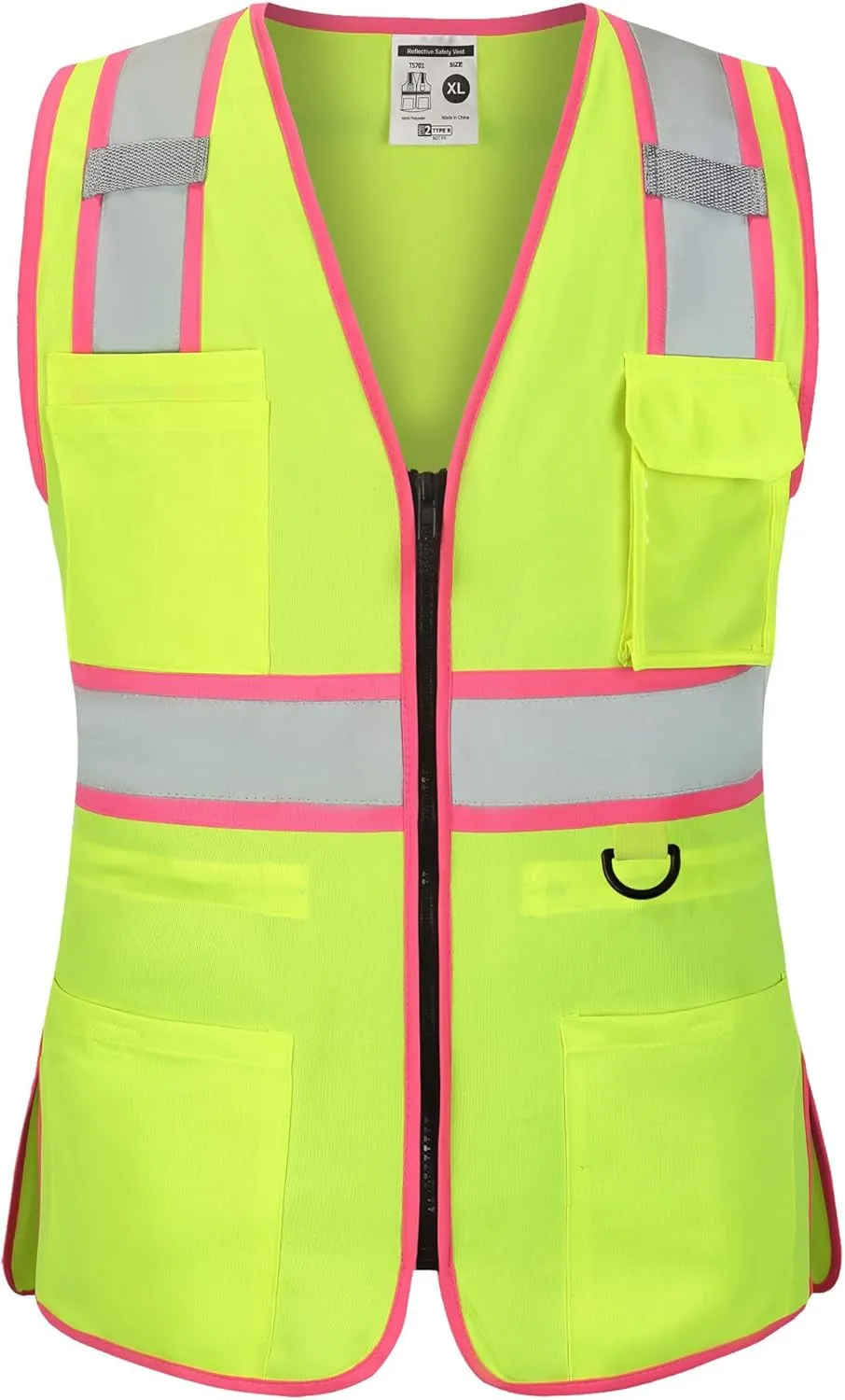 Women's ANSI Class 2 High-Vis Safety Vest with Reflective Strips, Zipper Pockets & Adjustable Waist - Yellow/Pink Construction Work Vest for Warehouse Personnel, Road Crews XL